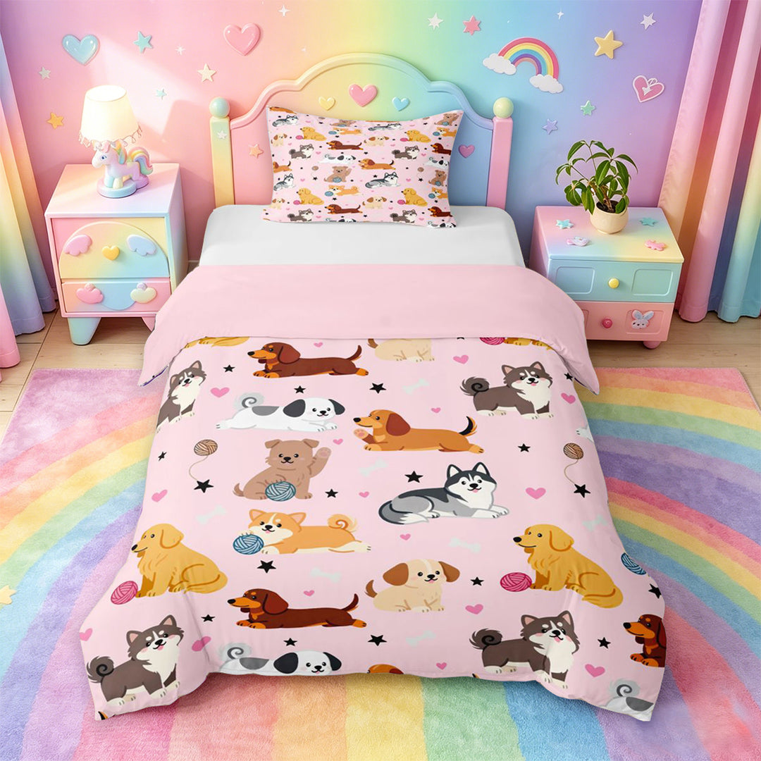 meiyoeat Cute Pet Dogs Bedding For Girls,Kawaii Animals Duvet Cover Full For Kids,Pink Reversible,3 Pieces(No Comforter)