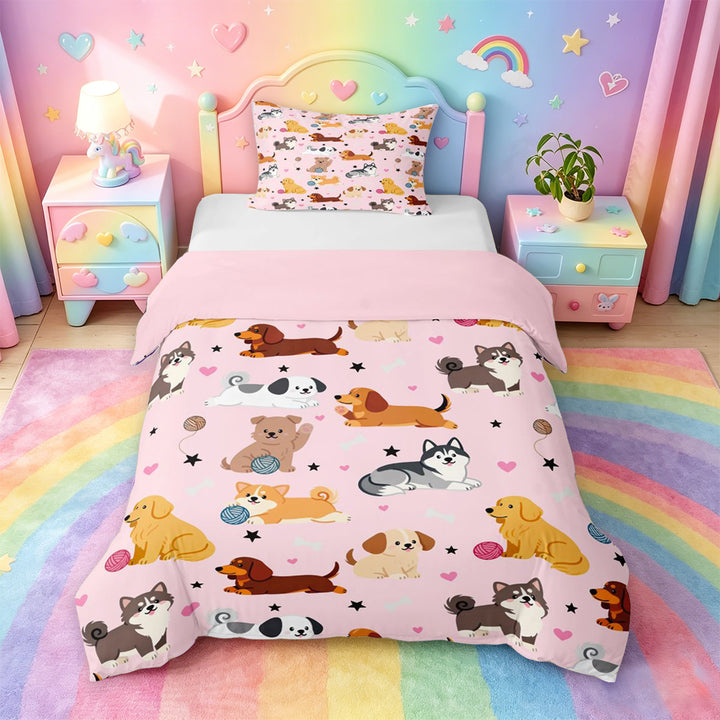 meiyoeat Cute Pet Dogs Bedding For Girls,Kawaii Animals Duvet Cover Full For Kids,Pink Reversible,3 Pieces(No Comforter)