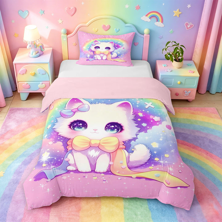 meiyoeat 3D Kawaii Cat Bedding For Girls,Rainbow Sparkling Print Duvet Cover Full For Kids,Pink Reversible,3pcs(No Comforter)