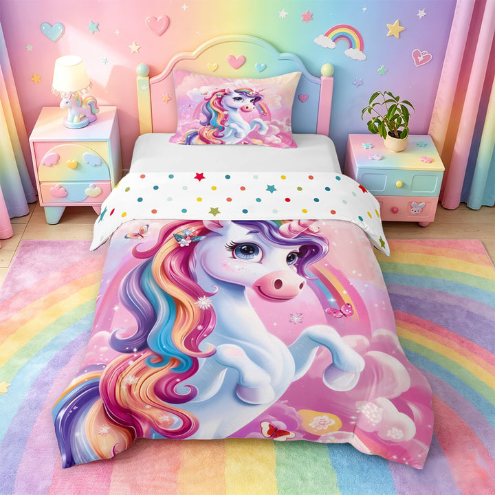 meiyoeat Colorful Magical Unicorn Bedding For Kids,Cute Animals Duvet Cover Full For Girls,Colorful Stars Reversible,3-Piece(No Comforter)