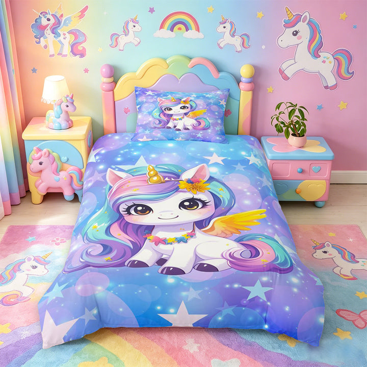 meiyoeat Kawaii Rainbow Unicorn Bedding For Girls,Colorful Cute Stars Print Duvet Cover Full For Kids,Colorful Stars Reversible,3-Piece(No Comforter)