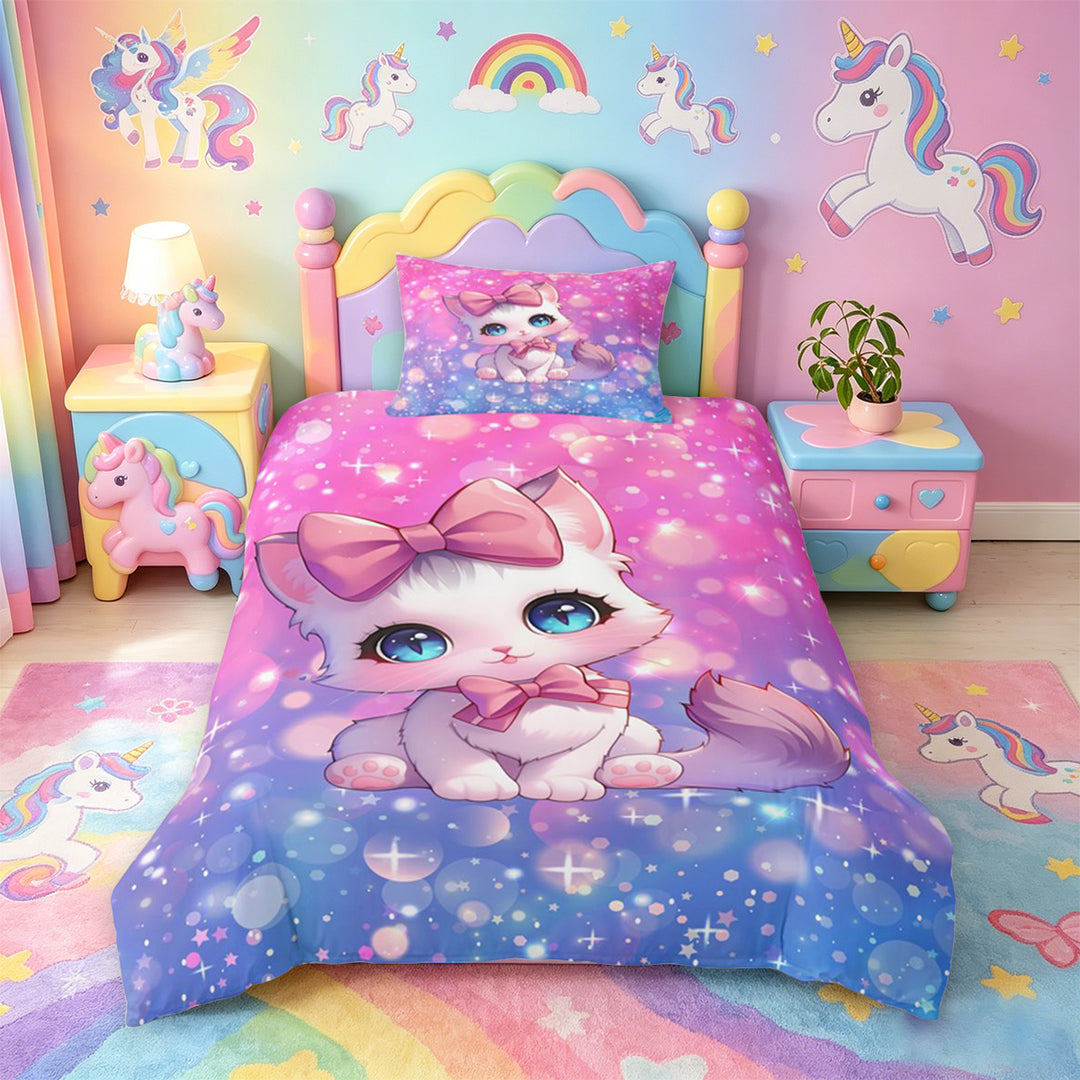meiyoeat Cartoon Cute Kitten Bedding For Girls,Pink Bowknot Cat Duvet Cover Full For Kids,Colorful Stars Reversible,3 Pieces(No Comforter)