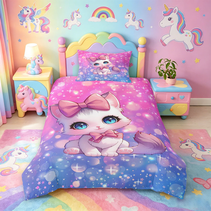 meiyoeat Cartoon Cute Kitten Bedding For Girls,Pink Bowknot Cat Duvet Cover Full For Kids,Colorful Stars Reversible,3 Pieces(No Comforter)