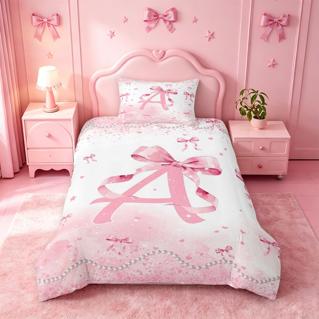 meiyoeat Pink Bow Monogram A Bedding,Cute Ribbon Bowknot Duvet Cover Full For Girl,Pink Reversible,3-Piece,1 Duvet Cover and 2 Pillowcases