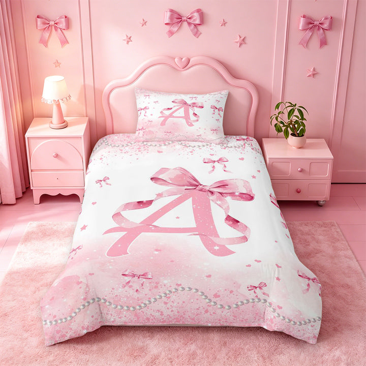 meiyoeat Pink Bow Monogram A Bedding,Cute Ribbon Bowknot Duvet Cover Full For Girl,Pink Reversible,3-Piece,1 Duvet Cover and 2 Pillowcases