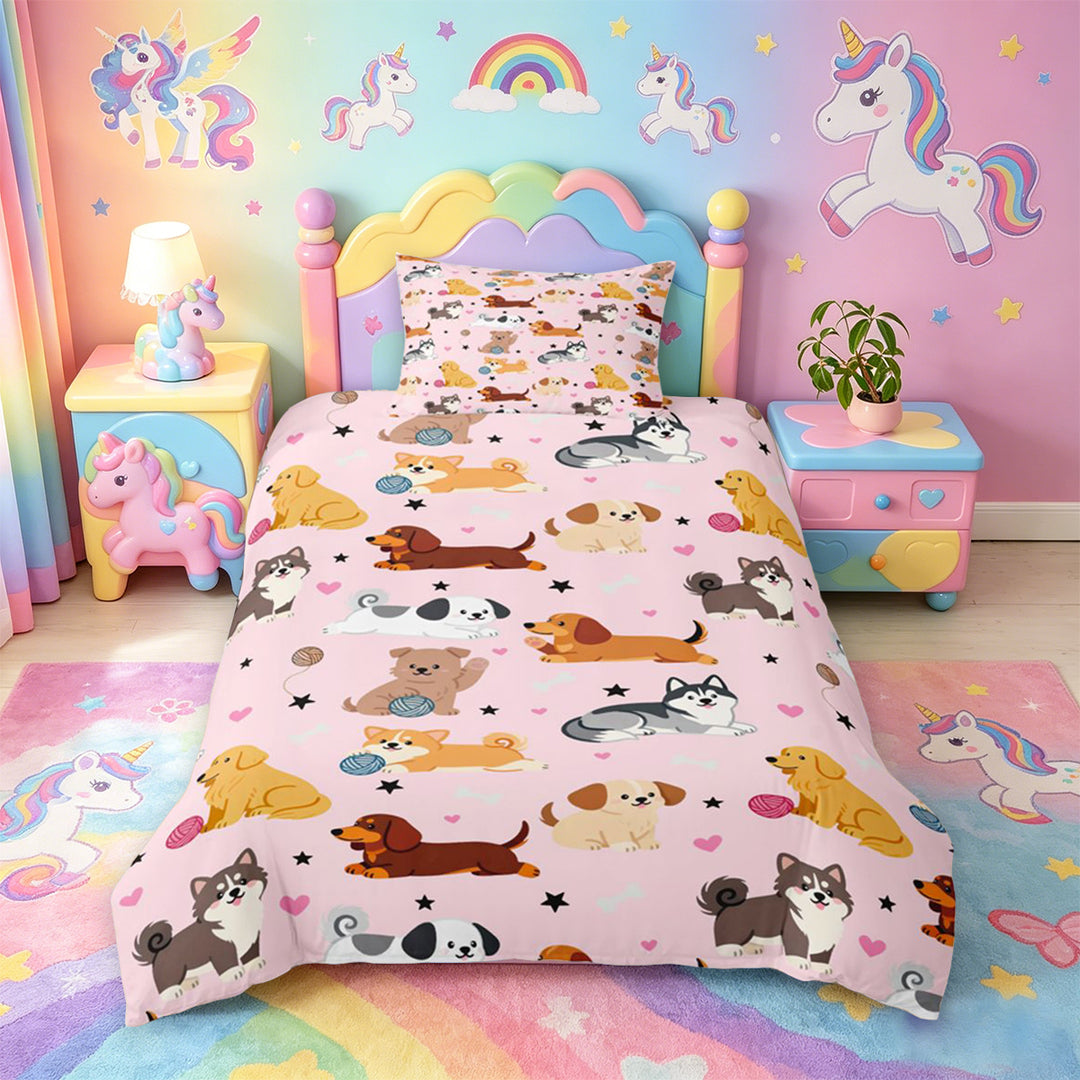 meiyoeat Cute Pet Dogs Bedding For Girls,Kawaii Animals Duvet Cover Full For Kids,Pink Reversible,3 Pieces(No Comforter)