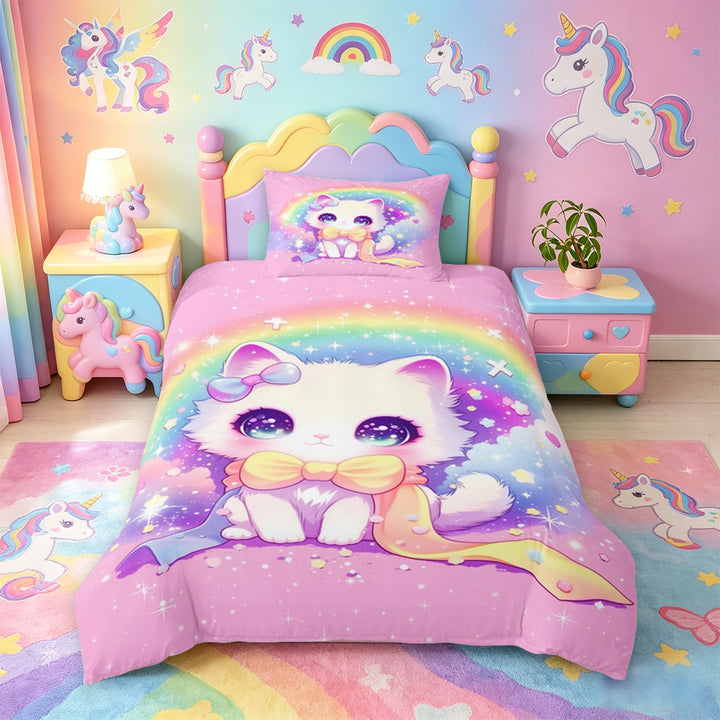 meiyoeat 3D Kawaii Cat Bedding For Girls,Rainbow Sparkling Print Duvet Cover Full For Kids,Pink Reversible,3pcs(No Comforter)