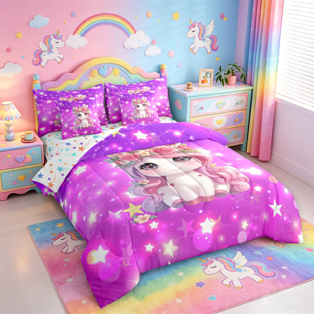 meiyoeat Cute Unicorn 7 Pieces Full Size Bedding Sets For Girls,Pink Cute Flowers Stars Full Size Bed in a Bag For Kids,Colorful Stars Reversible