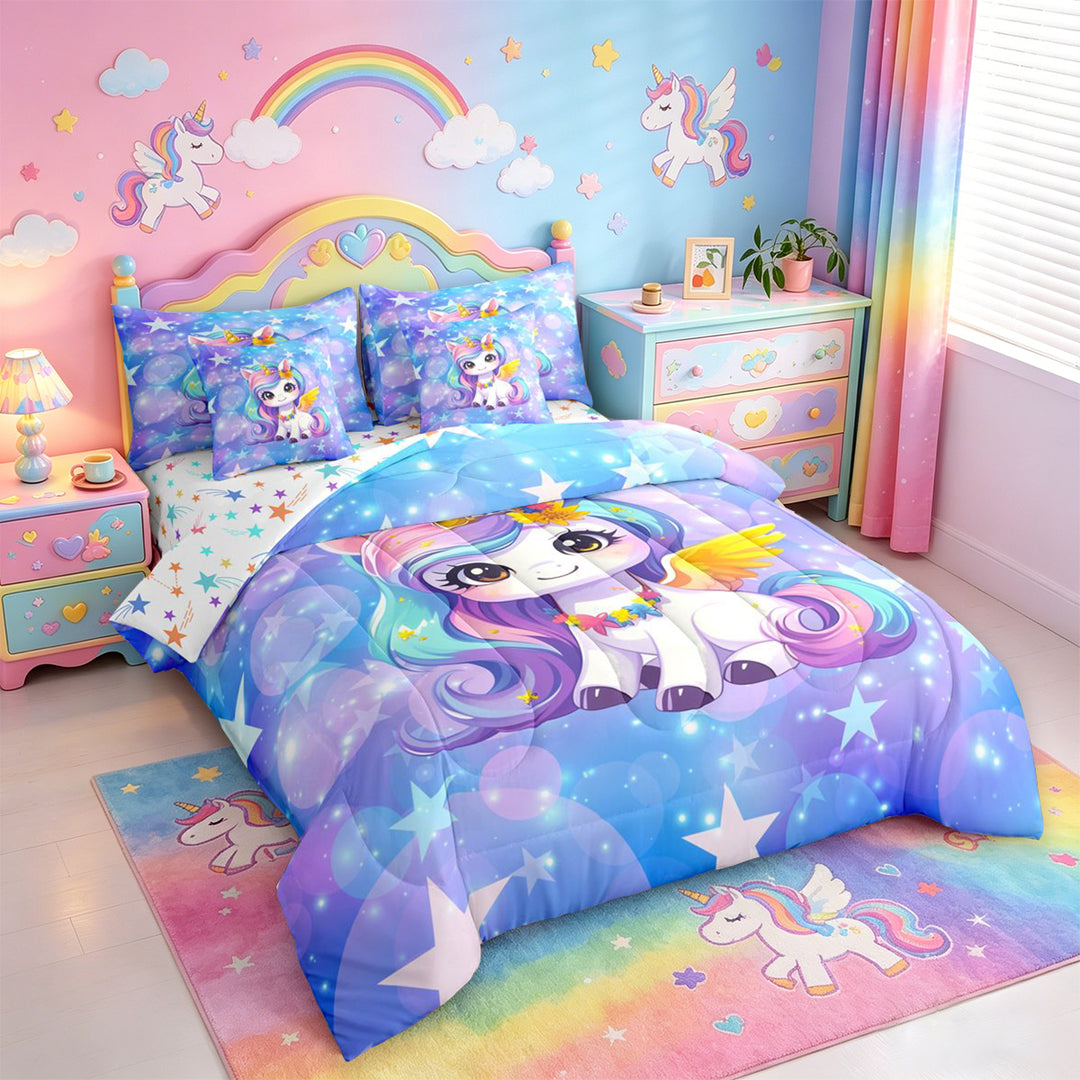 meiyoeat Kawaii Rainbow Unicorn 7 Pieces Full Size Bedding Sets For Girls,Colorful Cute Stars Print Full Size Bed in a Bag For Kids,Colorful Stars Reversible