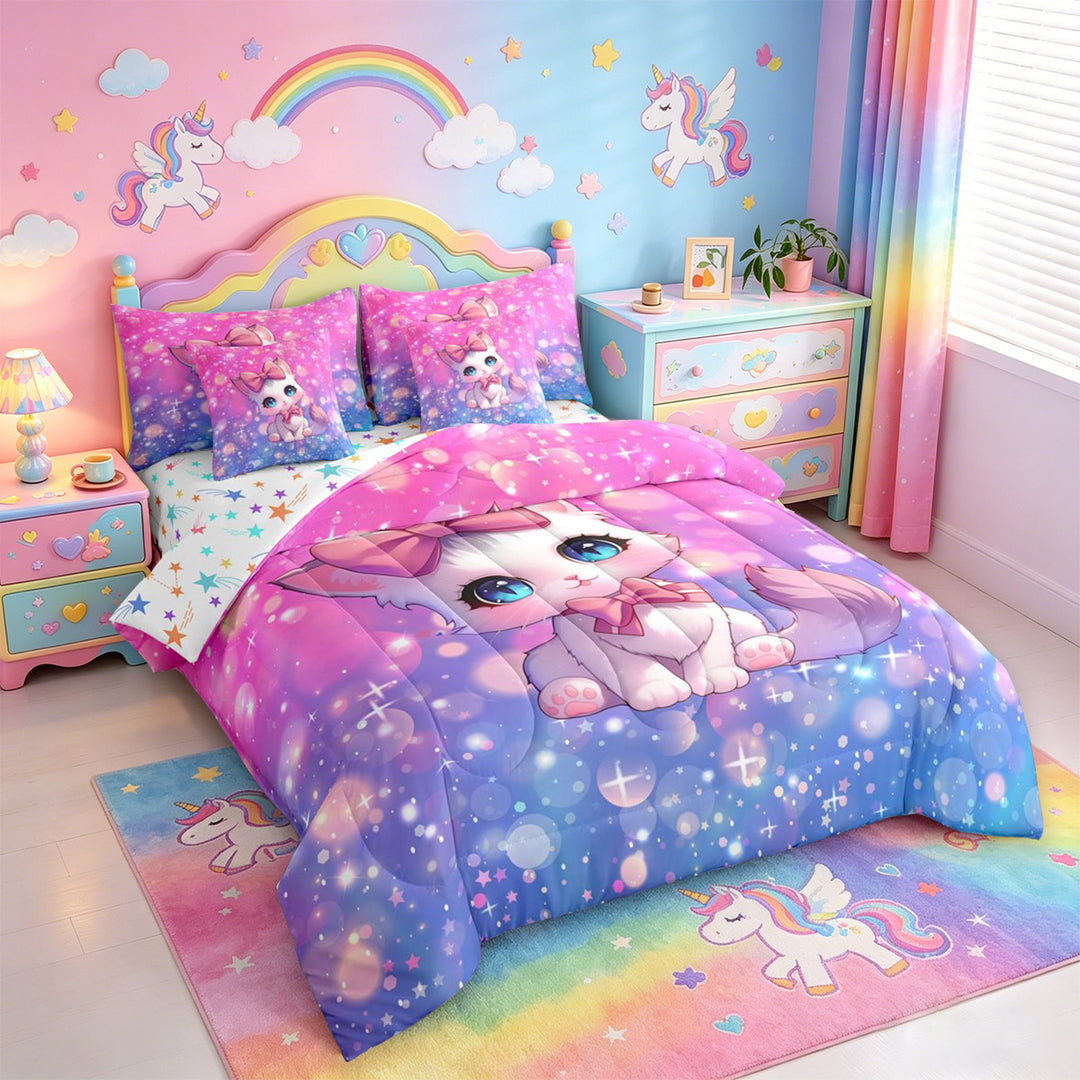 meiyoeat Cartoon Cute Kitten 7 Pieces Full Size Bedding Sets For Girls,Pink Bowknot Cat Full Size Bed in a Bag For Kids,Colorful Stars Reversible