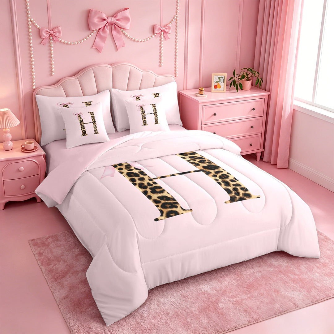 meiyoeat Pink Print Alphabet 7 Pieces Full Size Bedding Sets,Cheetah Bow Tie Initial Design Full Size Bed in a Bag For Girl,Pink Reversible