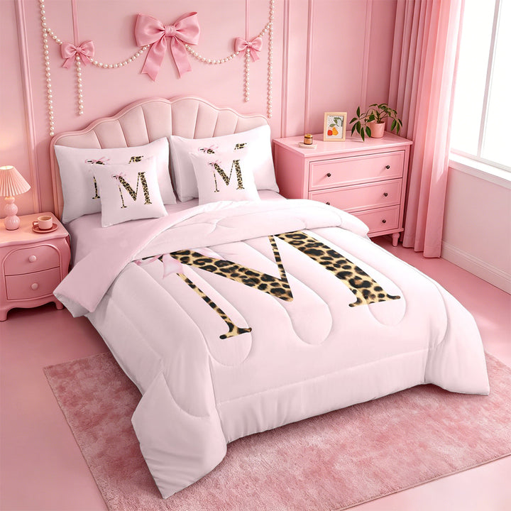 meiyoeat Fashion Cheetah Monogram M Print 7 Pieces Full Size Bedding Sets,Cute Bowknot Full Size Bed in a Bag For Girl,Pink Reversible