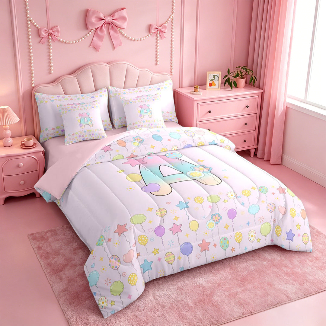 meiyoeat Pastel Balloon Monogram A 7 Pieces Full Size Bedding Sets,Rainbow Gradient Initial Full Size Bed in a Bag For Girl,Pink Reversible