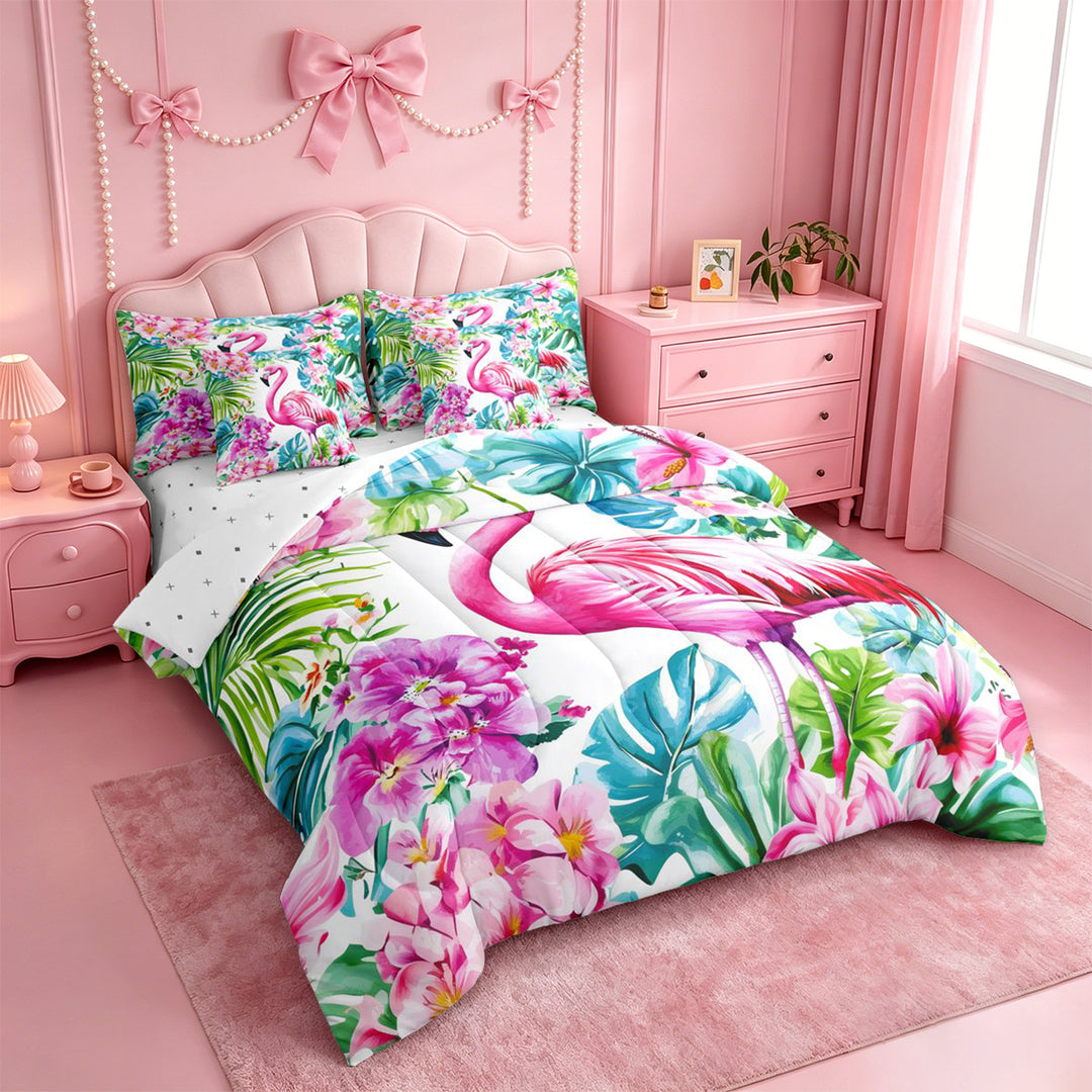 meiyoeat Tropical Flamingo Floral 7 Pieces Full Size Bedding Sets,Green Monstera Leaf Full Size Bed in a Bag For Girl,Reversible