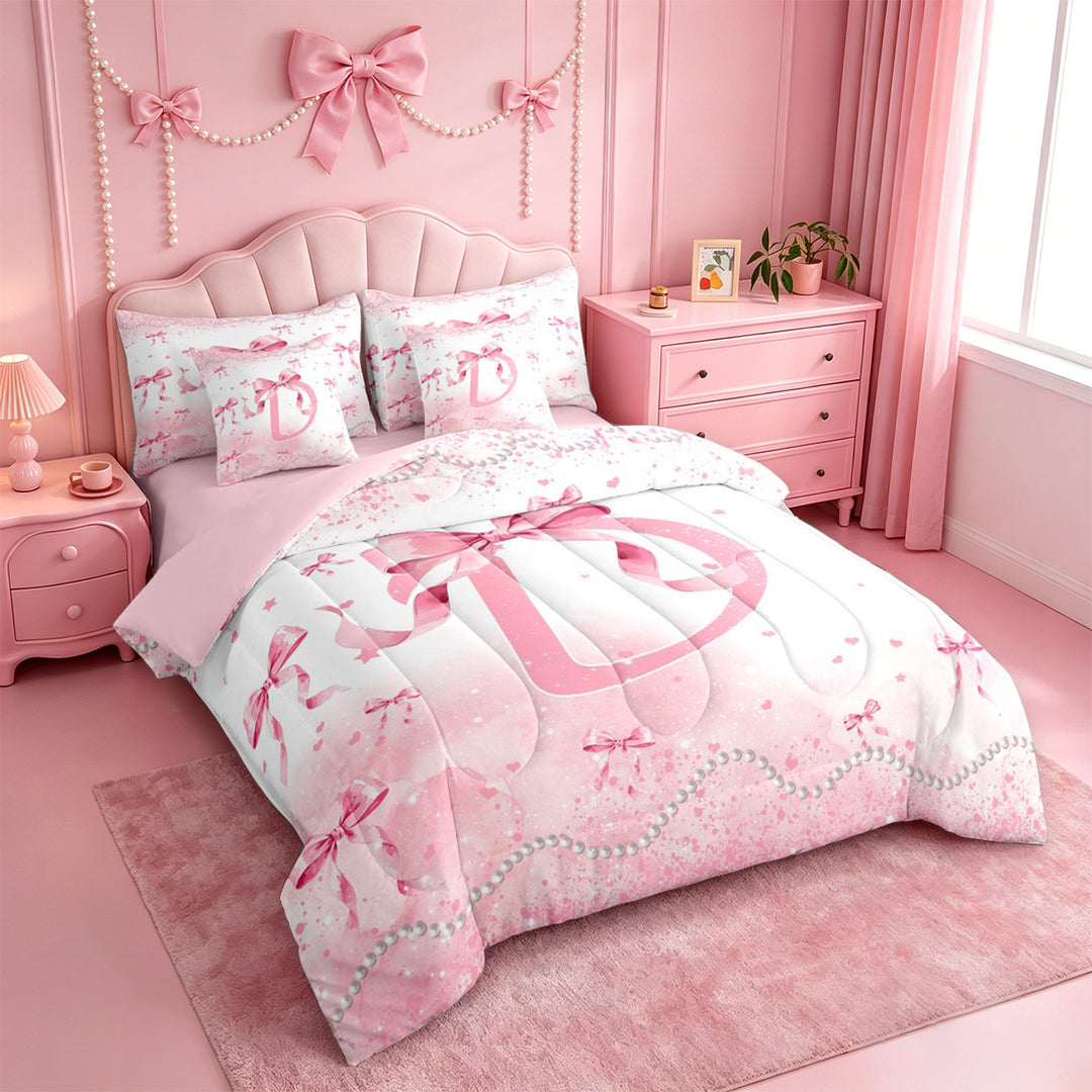 meiyoeat Girly Bow Monogrammed D 7 Pieces Full Size Bedding Sets,Pink Pearl Initial Print Full Size Bed in a Bag For Girl,Pink Reversible