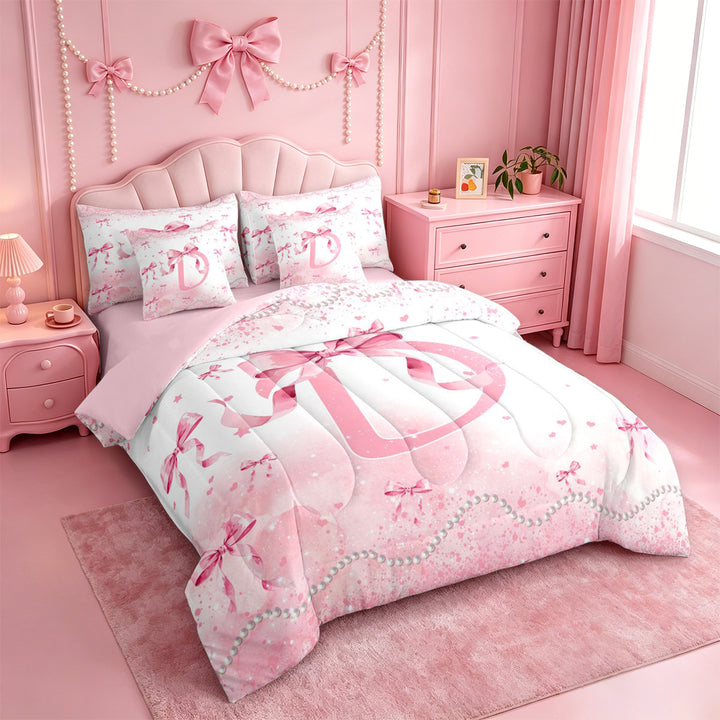meiyoeat Girly Bow Monogrammed D 7 Pieces Full Size Bedding Sets,Pink Pearl Initial Print Full Size Bed in a Bag For Girl,Pink Reversible