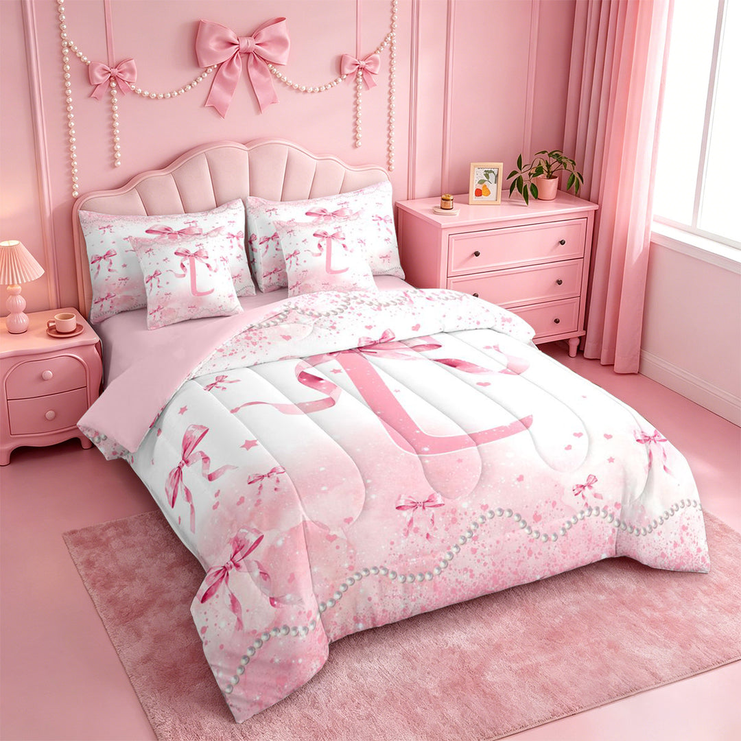 meiyoeat Pink Ribbon Bow 7 Pieces Full Size Bedding Sets,Glitter Print 3D Initial Letter L Kids Full Size Bed in a Bag For Girl,Pink Reversible
