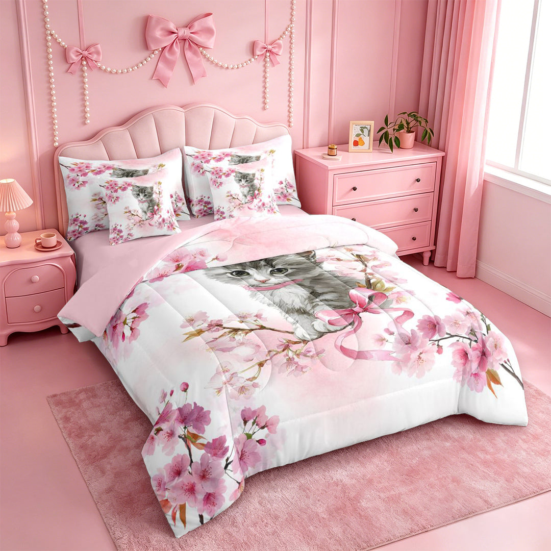 meiyoeat Cherry Blossom Kitten Theme 7 Pieces Full Size Bedding Sets,Gray Cute Cat Print Full Size Bed in a Bag For Girl,Reversible