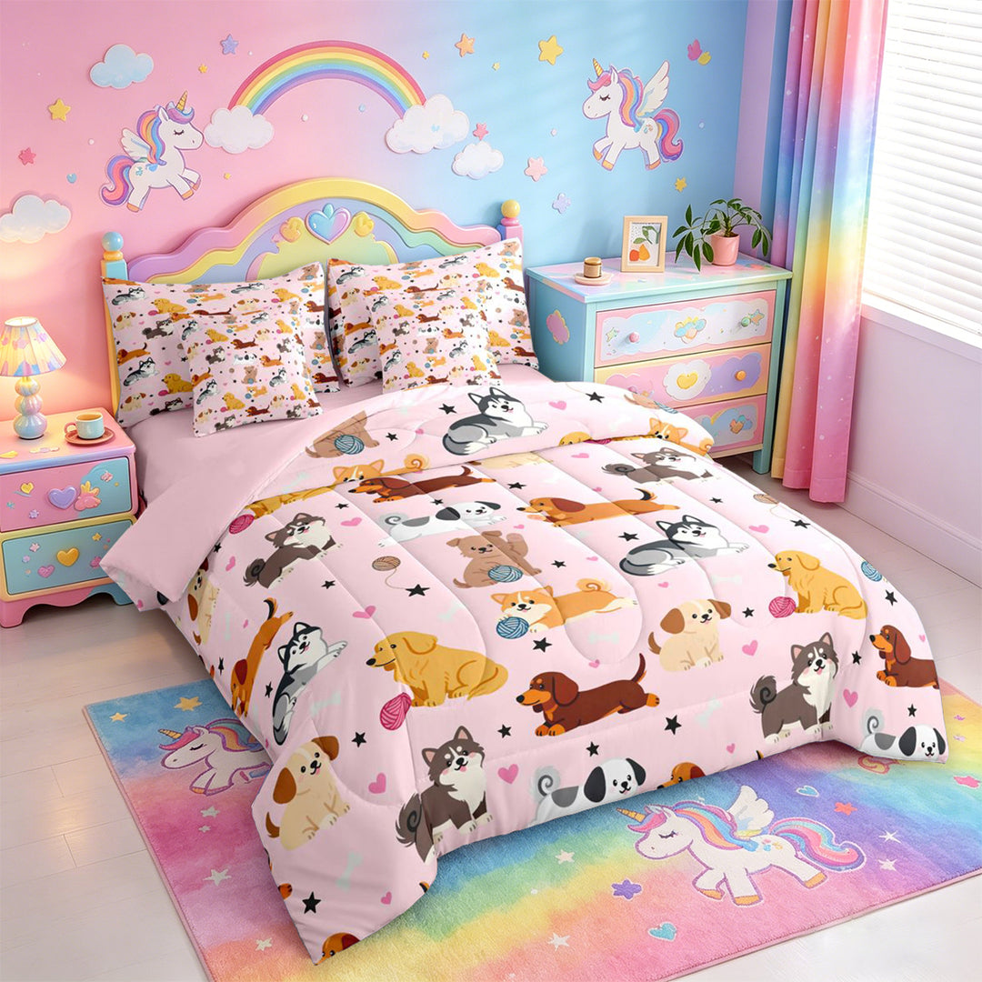 meiyoeat Cute Pet Dogs 7 Pieces Full Size Bedding Sets For Girls,Kawaii Animals Full Size Bed in a Bag For Kids,Pink Reversible