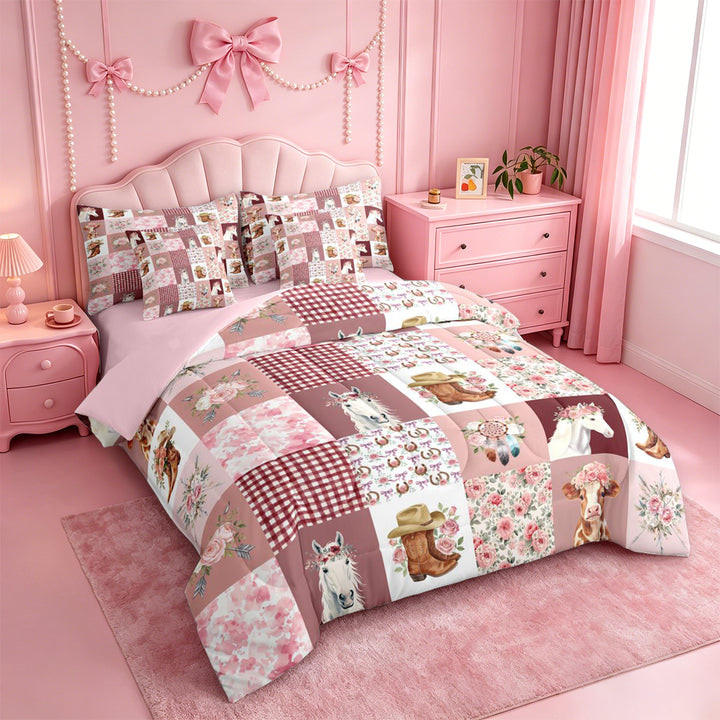 meiyoeat Farm Animal Horse Cow 7 Pieces Full Size Bedding Sets,Romantic Pink Flowers Full Size Bed in a Bag For Girl,Reversible