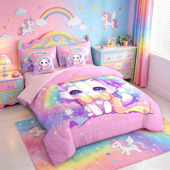 meiyoeat 3D Kawaii Cat 7 Pieces Full Size Bedding Sets For Girls,Rainbow Sparkling Print Full Size Bed in a Bag For Kids,Pink Reversible