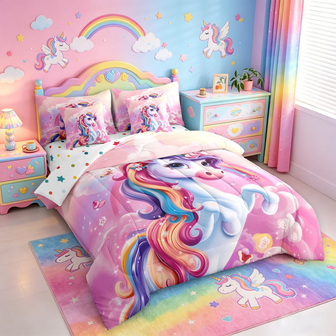 meiyoeat Colorful Magical Unicorn 7 Pieces Full Size Bedding Sets For Kids,Cute Animals Full Size Bed in a Bag For Girls,Colorful Stars Reversible