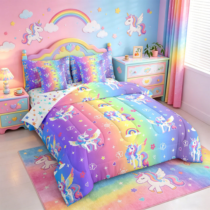 meiyoeat Colorful Kawaii Unicorn 7 Pieces Full Size Bedding Sets For Girls,Dreamy Rainbow Gradient Stripes Full Size Bed in a Bag For Kids,Colorful Stars Reversible
