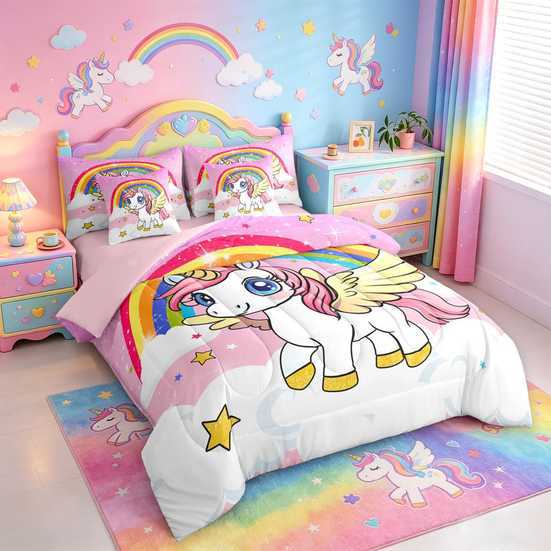 meiyoeat Cartoon Unicorn Pattern 7 Pieces Full Size Bedding Sets For Girls,Cute Sequin Print Rainbow Stars Full Size Bed in a Bag For Kids,Pink Reversible