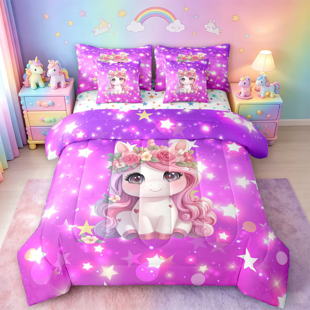 meiyoeat Cute Unicorn 7 Pieces Full Size Bedding Sets For Girls,Pink Cute Flowers Stars Full Size Bed in a Bag For Kids,Colorful Stars Reversible