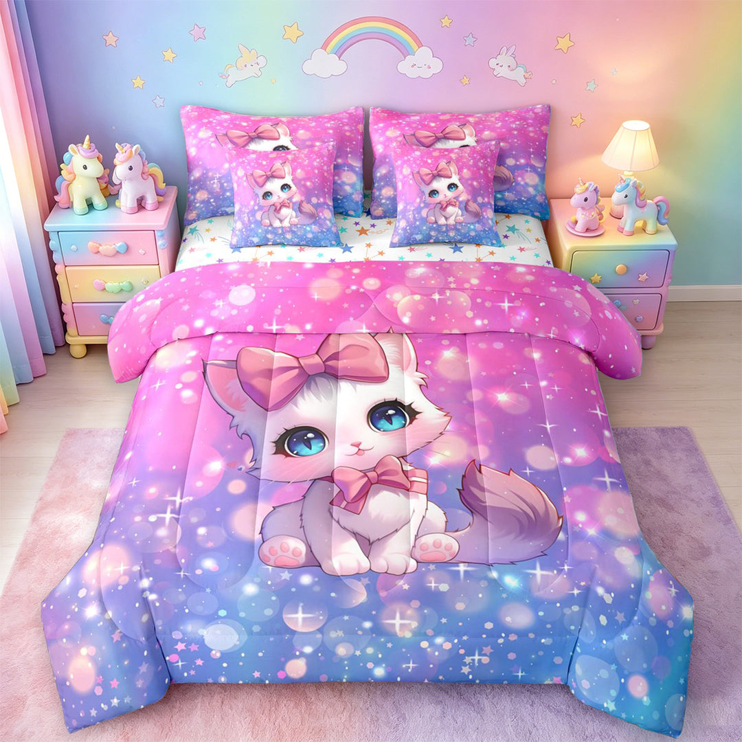 meiyoeat Cartoon Cute Kitten 7 Pieces Full Size Bedding Sets For Girls,Pink Bowknot Cat Full Size Bed in a Bag For Kids,Colorful Stars Reversible