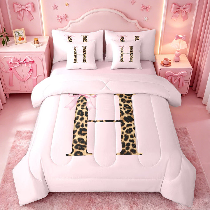 meiyoeat Pink Print Alphabet 7 Pieces Full Size Bedding Sets,Cheetah Bow Tie Initial Design Full Size Bed in a Bag For Girl,Pink Reversible