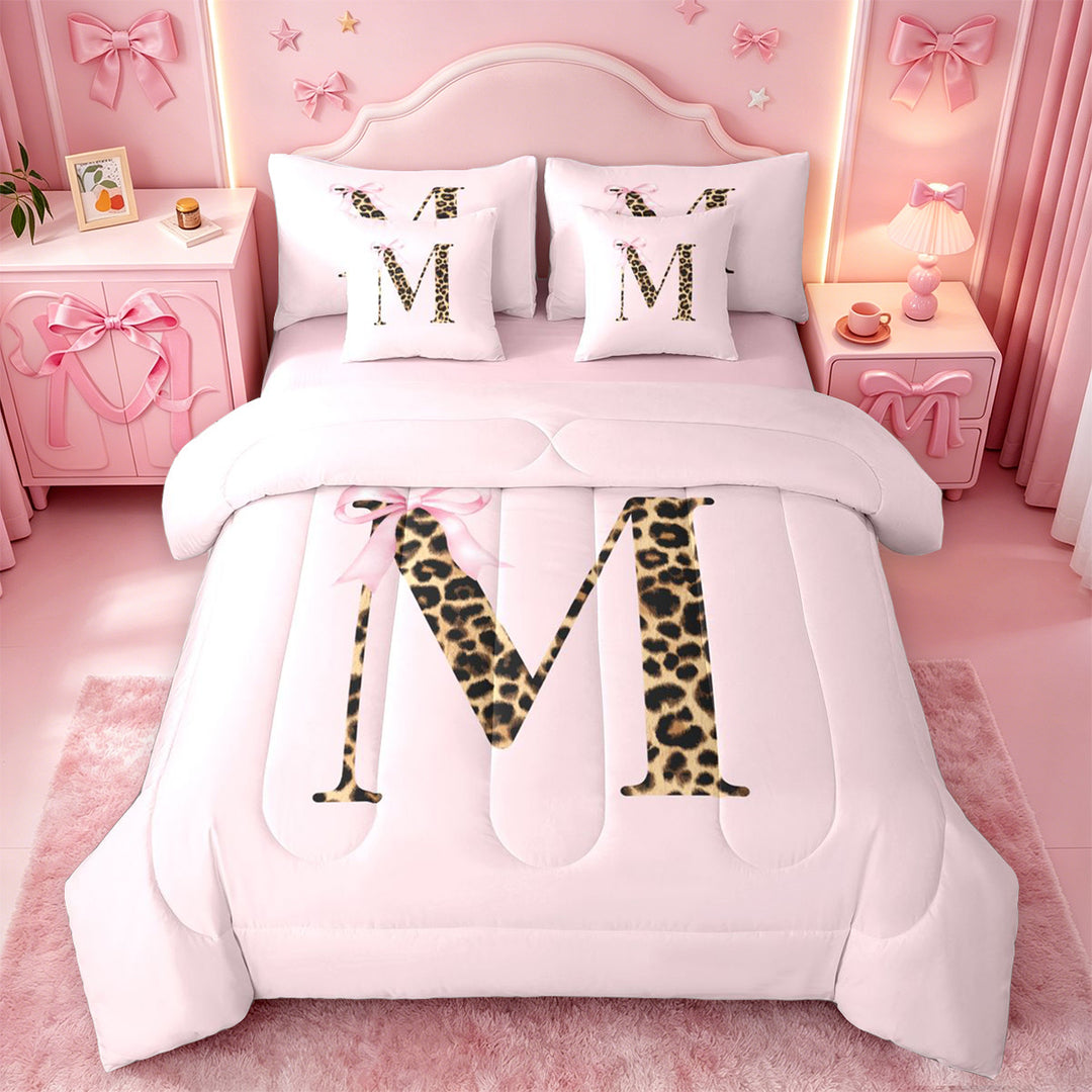 meiyoeat Fashion Cheetah Monogram M Print 7 Pieces Full Size Bedding Sets,Cute Bowknot Full Size Bed in a Bag For Girl,Pink Reversible