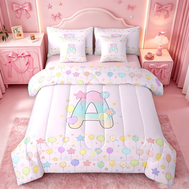 meiyoeat Pastel Balloon Monogram A 7 Pieces Full Size Bedding Sets,Rainbow Gradient Initial Full Size Bed in a Bag For Girl,Pink Reversible