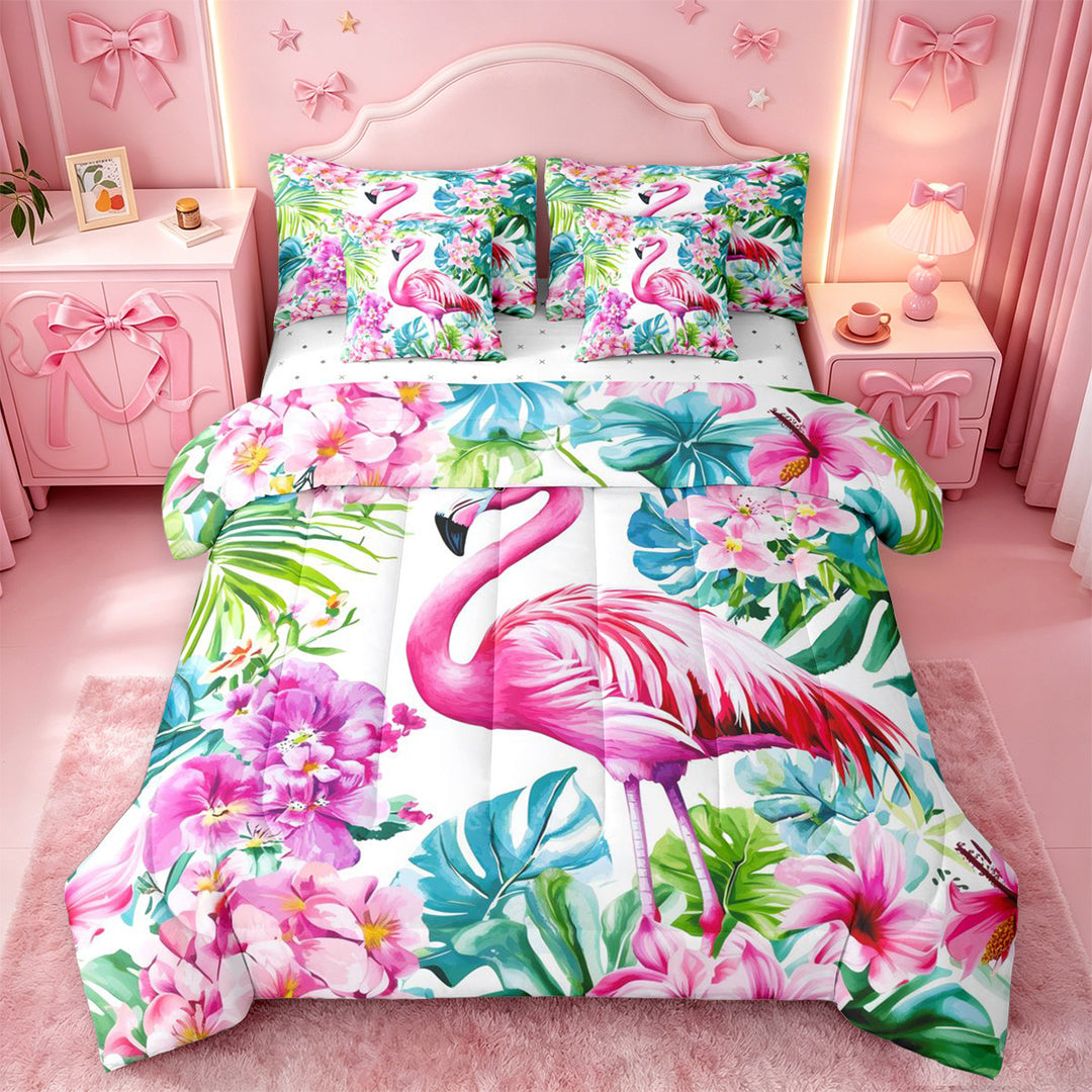 meiyoeat Tropical Flamingo Floral 7 Pieces Full Size Bedding Sets,Green Monstera Leaf Full Size Bed in a Bag For Girl,Reversible