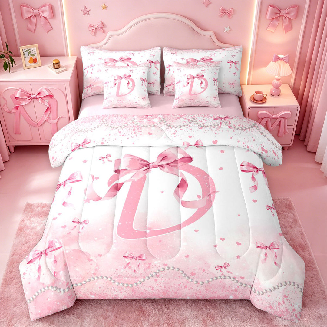meiyoeat Girly Bow Monogrammed D 7 Pieces Full Size Bedding Sets,Pink Pearl Initial Print Full Size Bed in a Bag For Girl,Pink Reversible