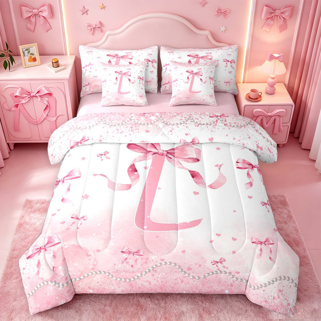 meiyoeat Pink Ribbon Bow 7 Pieces Full Size Bedding Sets,Glitter Print 3D Initial Letter L Kids Full Size Bed in a Bag For Girl,Pink Reversible