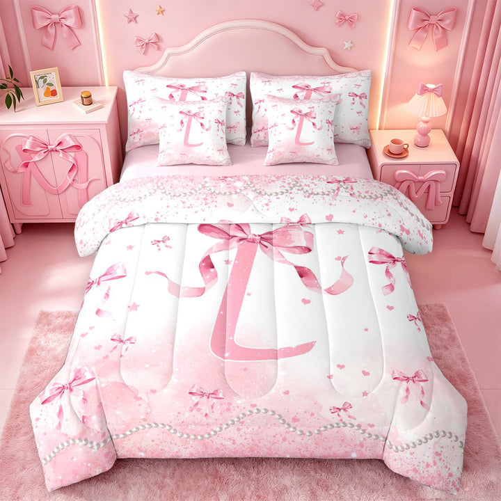 meiyoeat Pink Ribbon Bow 7 Pieces Full Size Bedding Sets,Glitter Print 3D Initial Letter L Kids Full Size Bed in a Bag For Girl,Pink Reversible