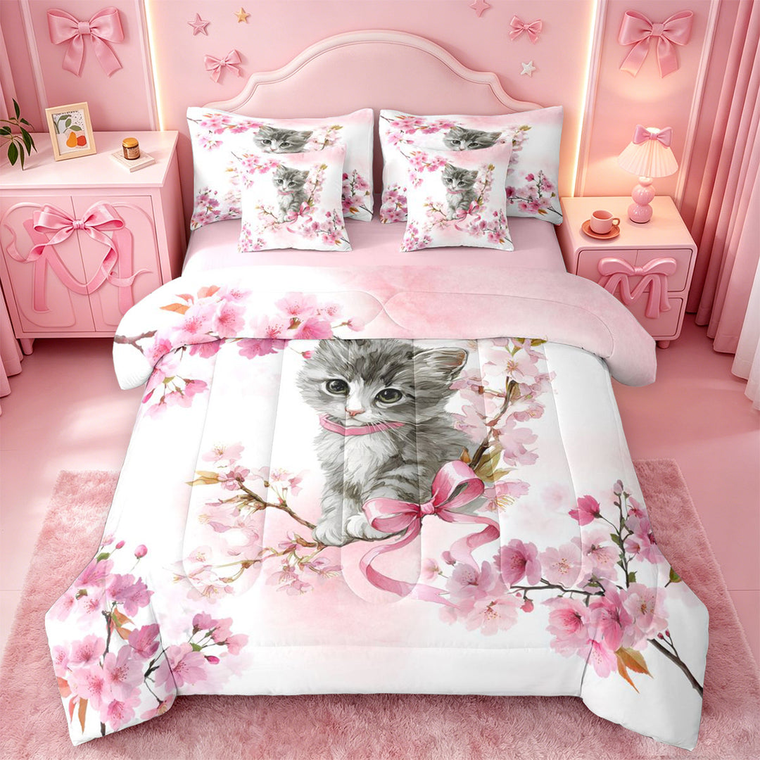 meiyoeat Cherry Blossom Kitten Theme 7 Pieces Full Size Bedding Sets,Gray Cute Cat Print Full Size Bed in a Bag For Girl,Reversible