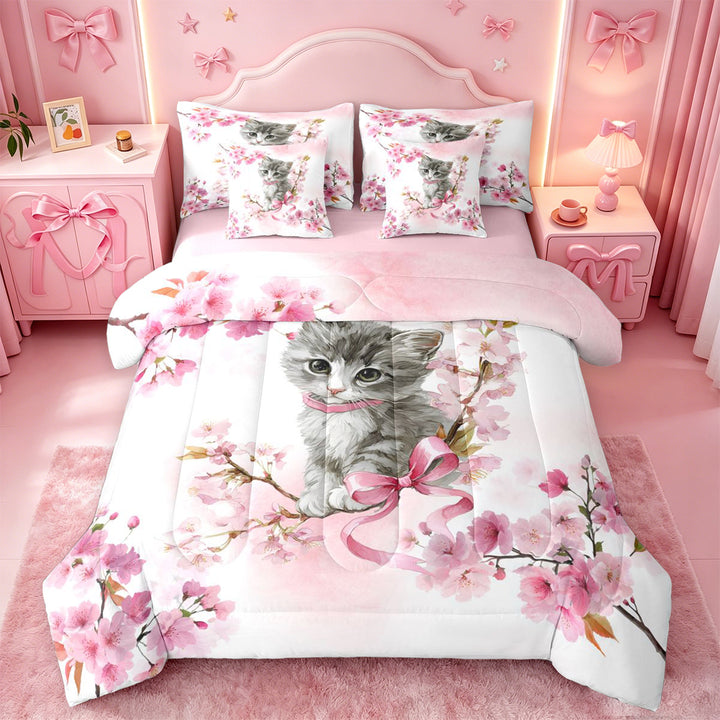 meiyoeat Cherry Blossom Kitten Theme 7 Pieces Full Size Bedding Sets,Gray Cute Cat Print Full Size Bed in a Bag For Girl,Reversible