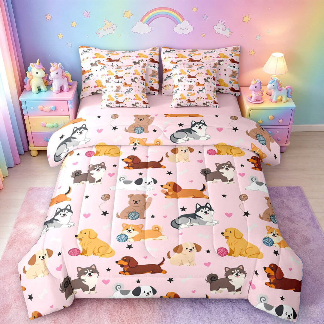 meiyoeat Cute Pet Dogs 7 Pieces Full Size Bedding Sets For Girls,Kawaii Animals Full Size Bed in a Bag For Kids,Pink Reversible