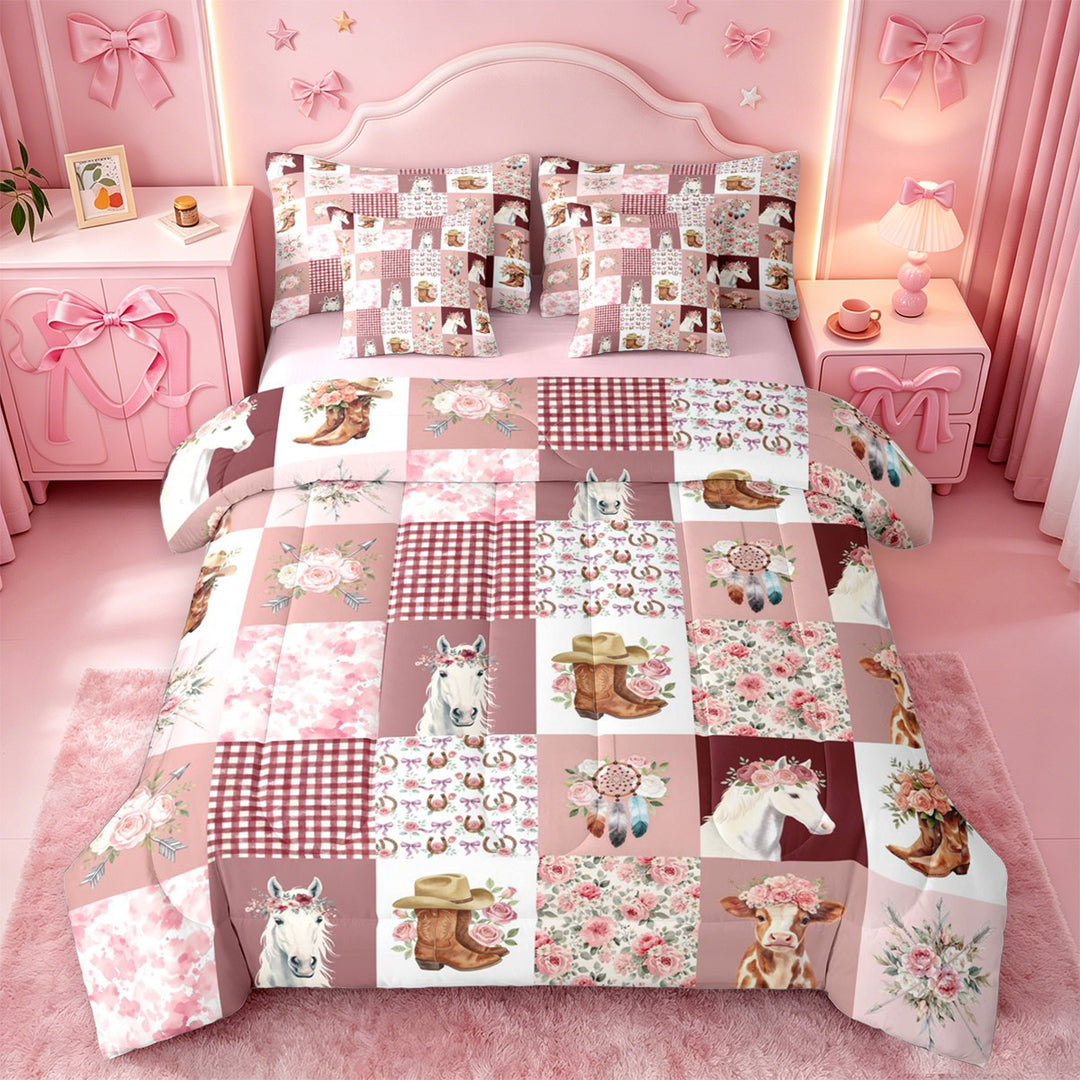 meiyoeat Farm Animal Horse Cow 7 Pieces Full Size Bedding Sets,Romantic Pink Flowers Full Size Bed in a Bag For Girl,Reversible