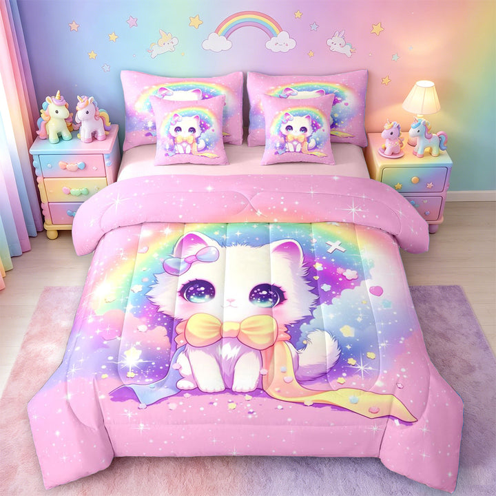 meiyoeat 3D Kawaii Cat 7 Pieces Full Size Bedding Sets For Girls,Rainbow Sparkling Print Full Size Bed in a Bag For Kids,Pink Reversible