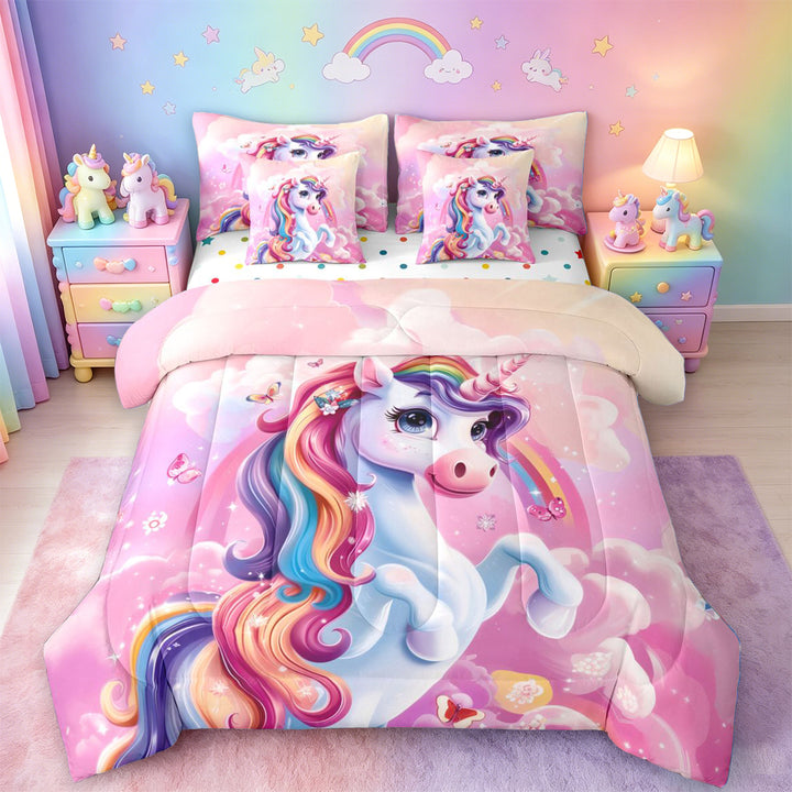 meiyoeat Colorful Magical Unicorn 7 Pieces Full Size Bedding Sets For Kids,Cute Animals Full Size Bed in a Bag For Girls,Colorful Stars Reversible