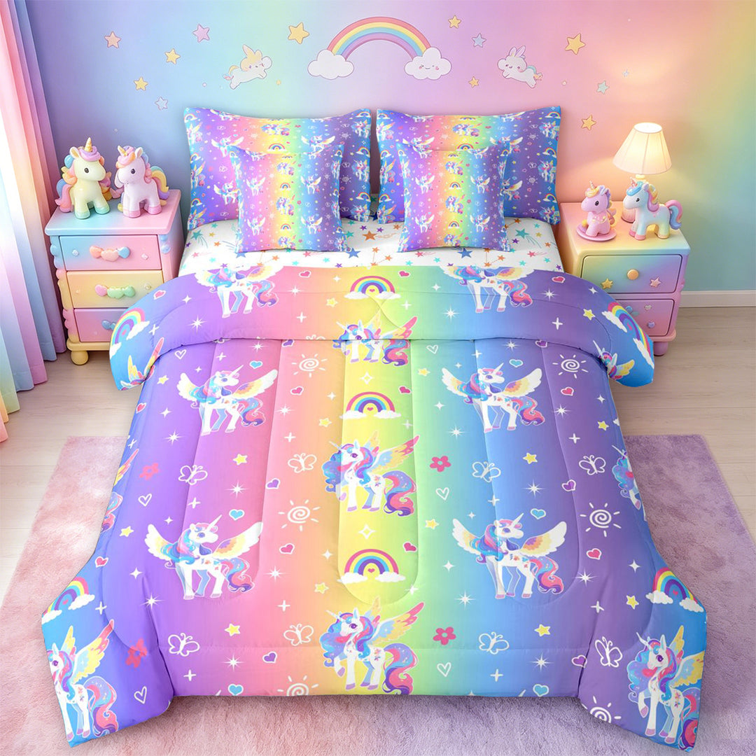 meiyoeat Colorful Kawaii Unicorn 7 Pieces Full Size Bedding Sets For Girls,Dreamy Rainbow Gradient Stripes Full Size Bed in a Bag For Kids,Colorful Stars Reversible
