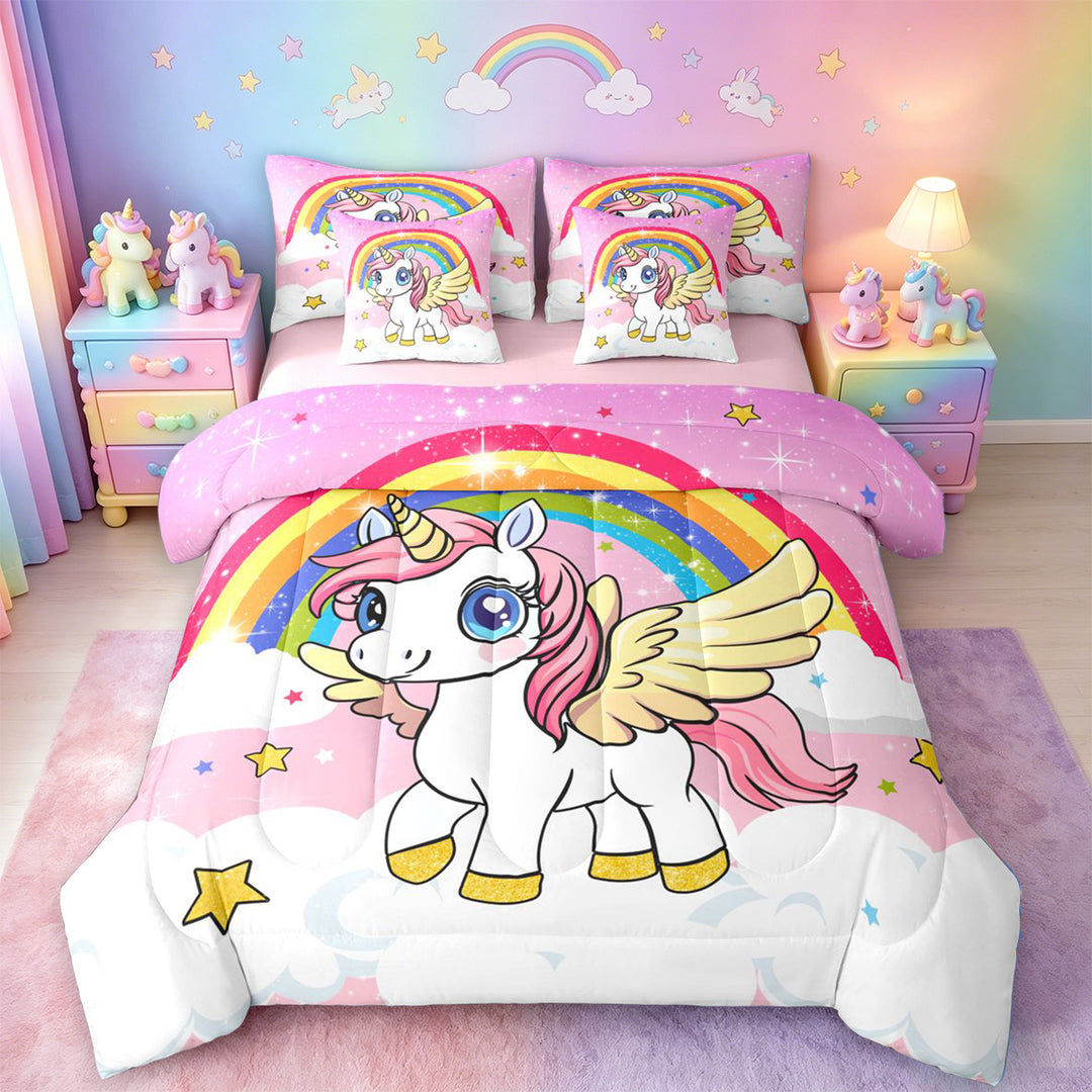 meiyoeat Cartoon Unicorn Pattern 7 Pieces Full Size Bedding Sets For Girls,Cute Sequin Print Rainbow Stars Full Size Bed in a Bag For Kids,Pink Reversible
