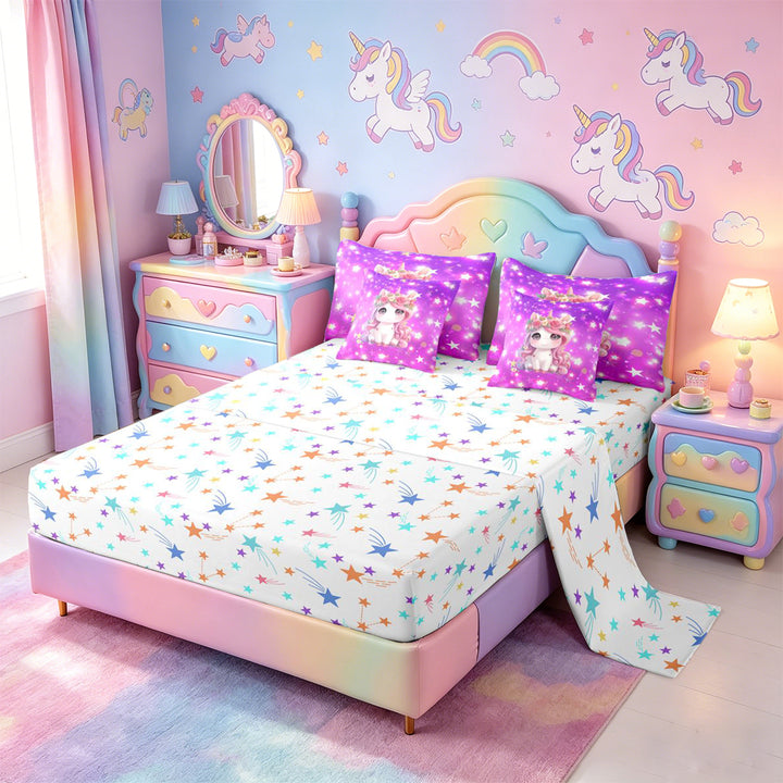 meiyoeat Cute Unicorn 7 Pieces Full Size Bedding Sets For Girls,Pink Cute Flowers Stars Full Size Bed in a Bag For Kids,Colorful Stars Reversible