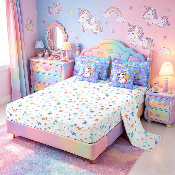 meiyoeat Kawaii Rainbow Unicorn 7 Pieces Full Size Bedding Sets For Girls,Colorful Cute Stars Print Full Size Bed in a Bag For Kids,Colorful Stars Reversible