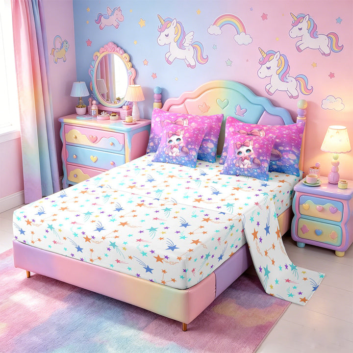 meiyoeat Cartoon Cute Kitten 7 Pieces Full Size Bedding Sets For Girls,Pink Bowknot Cat Full Size Bed in a Bag For Kids,Colorful Stars Reversible