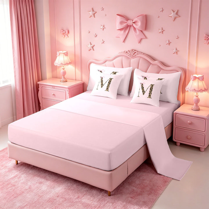 meiyoeat Fashion Cheetah Monogram M Print 7 Pieces Full Size Bedding Sets,Cute Bowknot Full Size Bed in a Bag For Girl,Pink Reversible