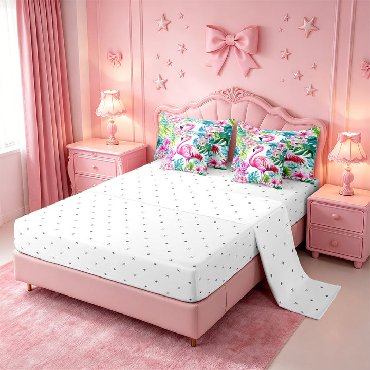 meiyoeat Tropical Flamingo Floral 7 Pieces Full Size Bedding Sets,Green Monstera Leaf Full Size Bed in a Bag For Girl,Reversible